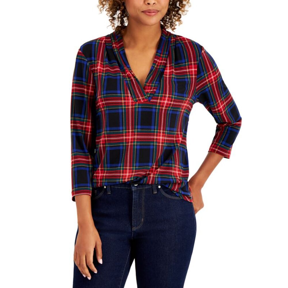 Plaid Pleated V-Neck Top